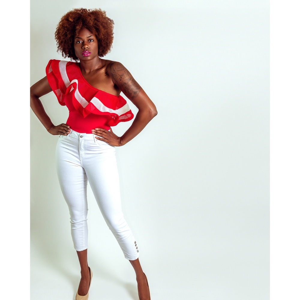 Red Mesh Ruffle Bodysuit